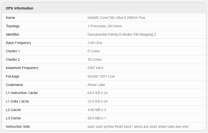 Core Ultra 9 290HX Plus v notebooku Acer Predator PHN18-I71 (Autor: Geekbench browser)