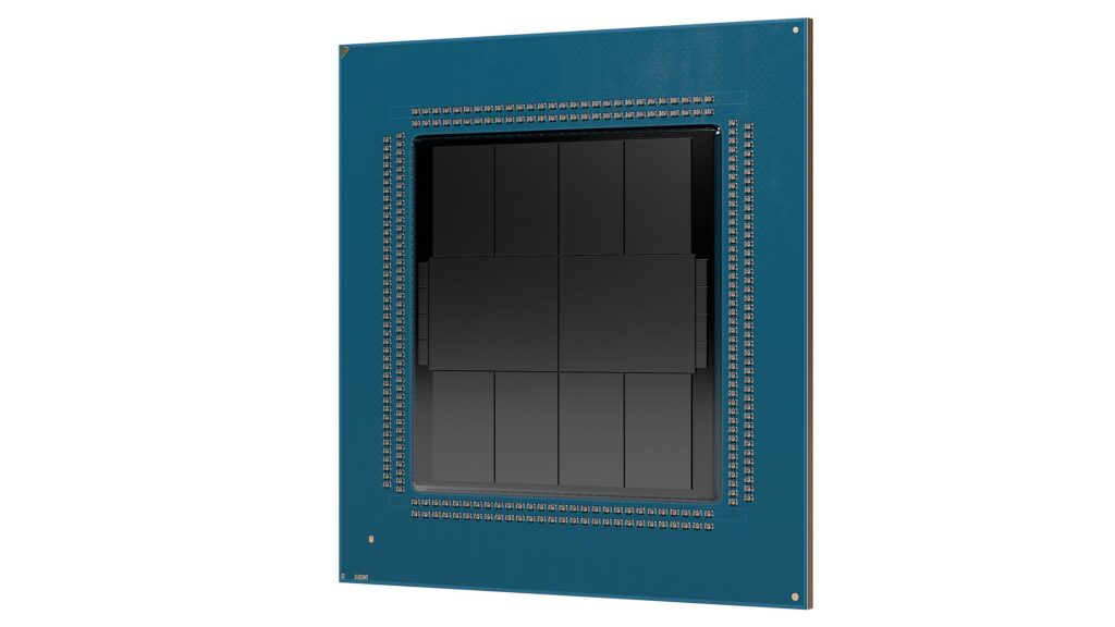 Procesor AMD Epyc Venice s jádry Zen 6 (ilustrace). Všimněte si malé mezery mezi čiplety, která naznačuje pokročilejší 2.5D pouzdření. Drobné čiplety vlevo a vpravo jsou patrně hrají funkci v napájení CPU (Zdroj: AMD)