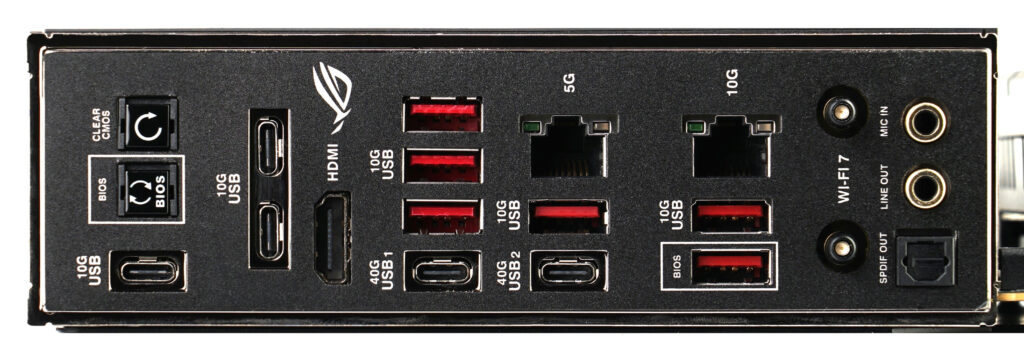 Rear ports (USB, HDMI, Ethernet, audio, and wireless antenna connectors) on the Asus ROG Crosshair X870e Dark Hero board. The dimensions of this panel are standardized for ATX and Mini-ITX boards so that the panel with its shield always fits into cases; individual positions and numbers of ports within this panel/shield can be arbitrary