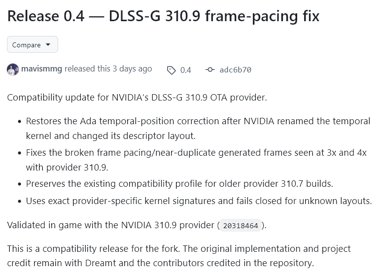 Neoficiální podpora Multigenerování snímků na GeForce RTX 4000 přestala fungovat po aktualizace DLSS, dost možná kvůli záměrně udělaným změnám. Verze MFG Unlocker 0.4.1 podporu opět obnovila